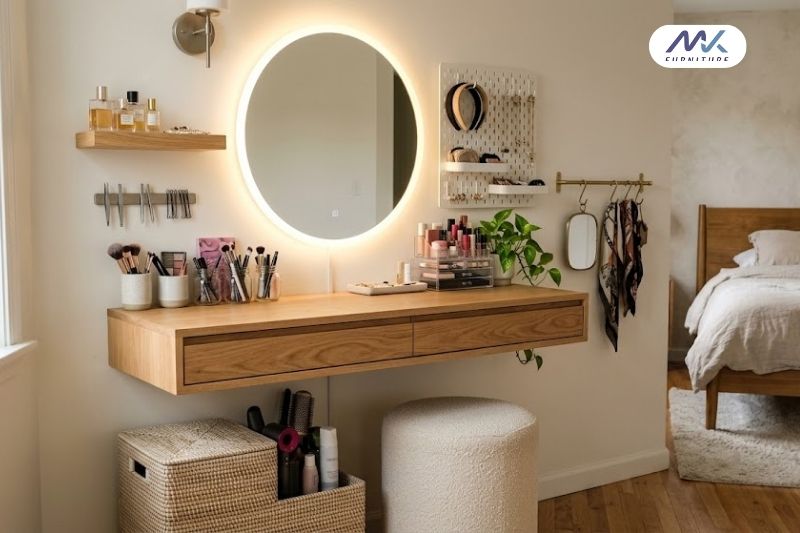 wall-mounted dressing table with storage ideas