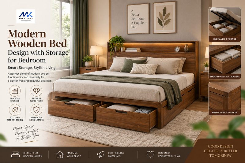 Modern Wooden Bed Design with Storage for Bedroom